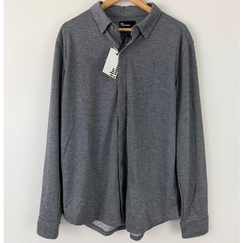 The Commons Mens XL NWT Grey Heather Knit Linen Blend Button Down Shirt Blend
